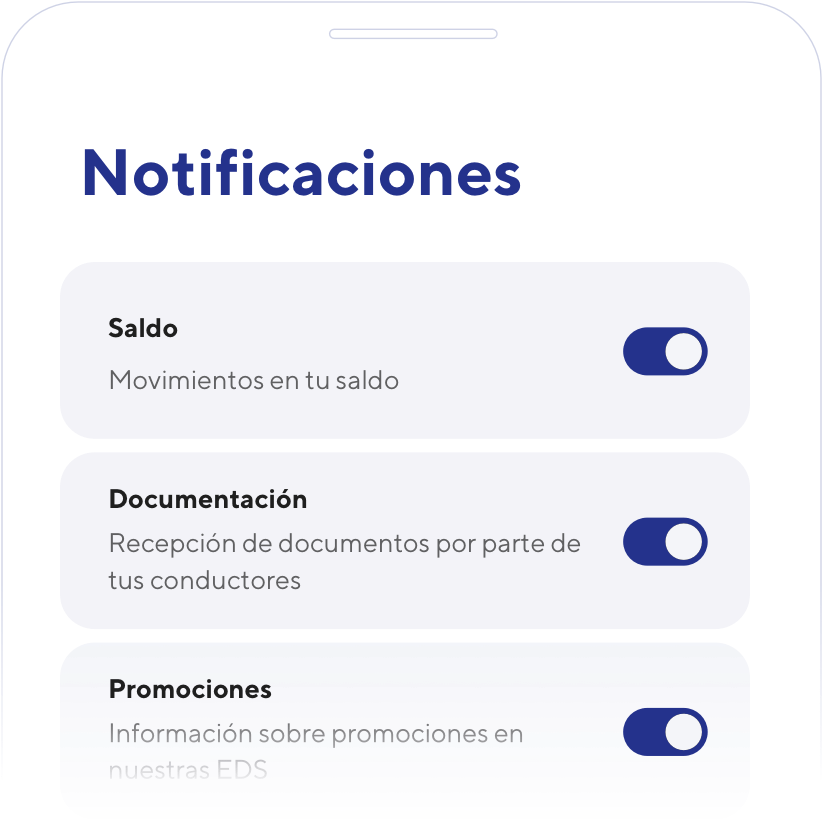 Pantalla móvil de configuración de notificaciones para saldo, documentación y promociones.