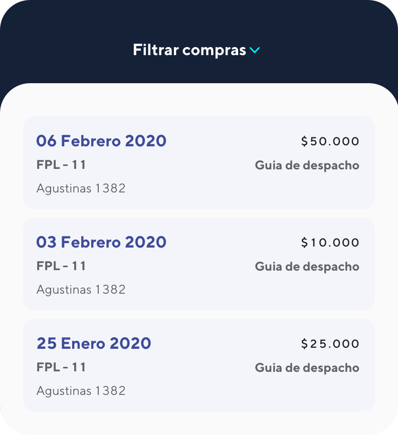 Pantalla de aplicación móvil con filtro de compras, fechas, montos y guías de despacho.