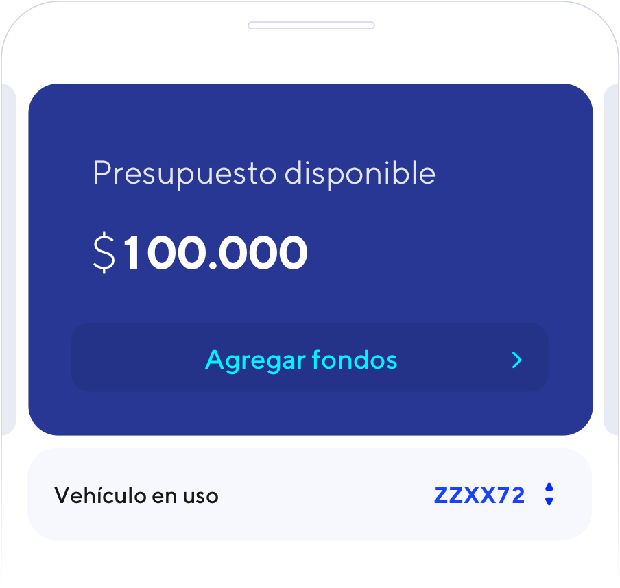 Pantalla móvil con presupuesto disponible, botón para agregar fondos y vehículo en uso.