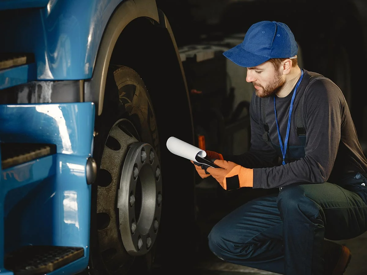 Técnico inspeccionando la rueda de un camión con una lista de revisión.